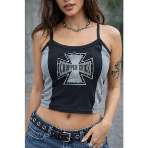 Choppers Crop Tank Top Women’s M Black Gray Chopper Chick Biker Y2K USA Cross